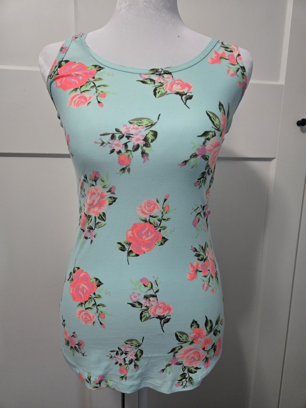 No Boundaries Mint Floral Scoop Tank Top with Pink Roses